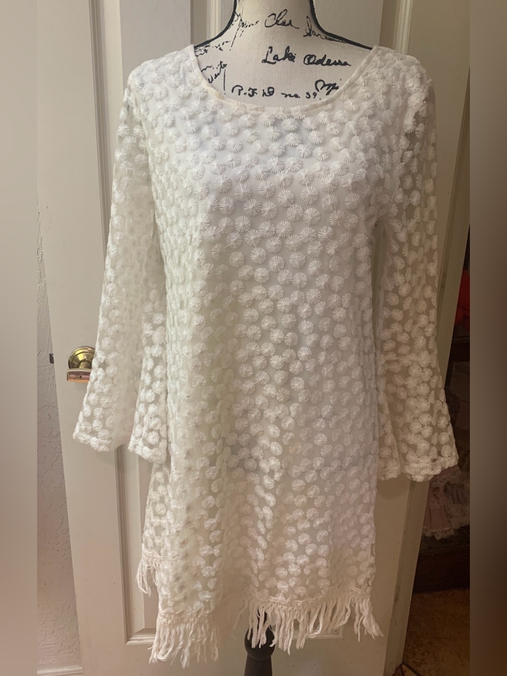 indigo soul Ivory Embroidered Fringe Bell Sleeve Dress